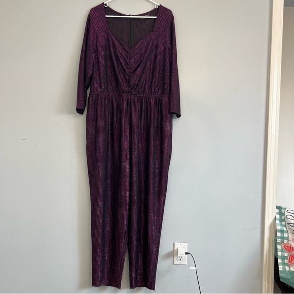 LANE BRYANT SHIMMER PURPLE 3/4 SLEEVE FRONT RUCHED V-NECK JUMPSUIT SZ 18/20 - Picture 3 of 12